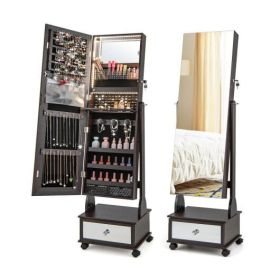 47 Inch Lockable Jewelry Cabinet Armoire with 3-Color LED Lights-Brown