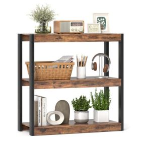3 Tier Bookshelf Wooden Bookcase with Dual Anti-Tipping Kits-Rustic Brown