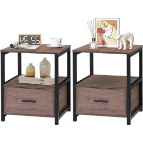 Set of 2 - Modern Metal Wood Side End Table Nightstand with Storage Drawer