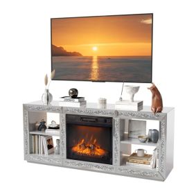 Silver Mirror Modern TV Stand With 18 Inch Fireplace Insert & Storage Shelves, Medium Density Fiberboard Fireplace TV Console For Living Room, 143 X 3