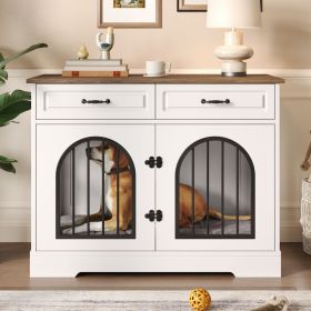43.3" Dog Crate Furniture, Heavy Duty Indoor Dog Kennel with 2 Storage Drawers, Dog Cage with Side Doors for Medium Large Dogs, End Table Dog Crate