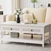 Farmhouse Coffee Table, Boho Tea Table with 2 Rattan Decor Drawers, Accent Center Sofa Table with Storage Shelf, 2 Tier Coffee Table for Bedroom