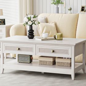 Farmhouse Coffee Table, Boho Tea Table with 2 Rattan Decor Drawers, Accent Center Sofa Table with Storage Shelf, 2 Tier Coffee Table for Bedroom