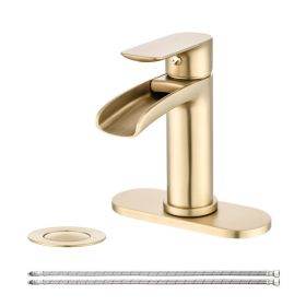 Waterfall Bathroom Faucet Single Handle Bathroom Sink Faucets 1 Or 3 Hole Solid Vanity Faucet With Deck Plate & Overflow Pop Up Drain Brushed Nickel