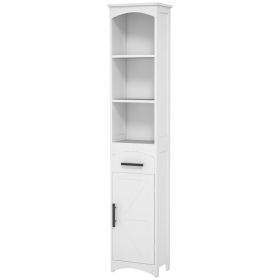 Farmhouse Tall Slim Bathroom Storage Cabinet with Recessed Drawer, Narrow Cabinet with Barn Door, White