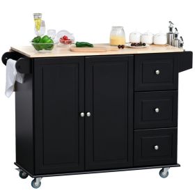 Mobile Kitchen Island with Drop Leaf, Storage Trolley Cart on Wheels, Towel/Spice Rack, 3 Drawers, 2-Door Cabinet, Black