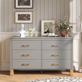6-Drawer Double Dresser In Gray, Modern Storage Cabinet With Metal Handles & Solid Wood Legs, Dresser Drawer Organizer For Kids Bedroom, Heavy-Duty Wo