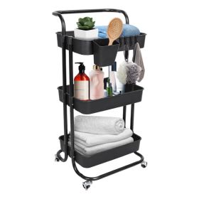 3 Tier Rolling Utility Cart Movable Storage Organizer With Mesh Baskets Lockable Wheels 360 Degree Rotatable Hanging Box Hooks Bedroom Bathroom Kitche (Option: 3Tier-Black)