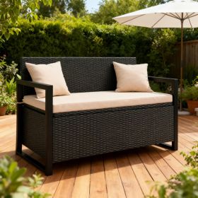 Patio Storage Bench Outdoor Wicker Loveseat With Built-in Storage (Option: Brown)