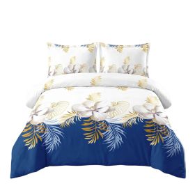 3 Piece Duvet Cover Set, US Designer Navy Blue And Gold Tropical Floral Botanical Print High GSM Heavyweight Comforter Cover With Zipper & Corner Ties (Option: KING)