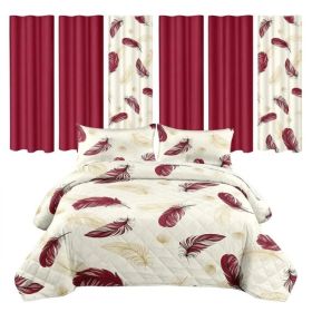 9 Piece Room In A Bag Quilt And Curtain Set, US Designer Burgundy Gold Boho Feather Print Heavyweight Bedspread With 6 Customizable Window Panels, Pet (Option: QUEEN)