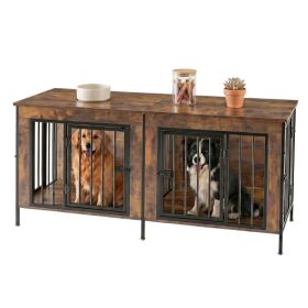 Double Dog Crate Furniture With Divider, Heavy Duty Pet Kennel End Table TV Stand, Extra Large Double Door (Option: Rustic Finish 63IN)