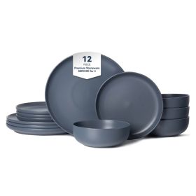 12-Piece Stoneware Dinner Plates Bowls Sets  Microwave & Dishwasher Safe   Non-Toxic Dinner Plates Bowls Set  Stackable Matte Glaze Kitchenware For 4 (Option: Blue)