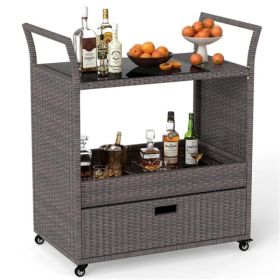 Handwoven PE Rattan Outdoor Bar Cart With Tempered Glass Top & Drawer, 4 Wheels With Brakes Serving Cart For Patio (Option: defaulttitle)