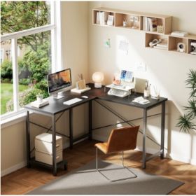 L-shaped Computer Desk With Power Socket And LED Light, Corner Game Table With Storage Rack And Monitor Stand (Option: Black)
