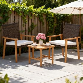 3 Pieces Patio PE Wicker Furniture Set Acacia Wood Outdoor Conversation Bistro Set (Option: White)