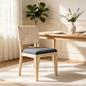 French Country Dining Chairs Set of 2, Beige Farmhouse Kitchen & Dining Room Chairs, Boho Wood Dining Chair with Woven Back & Linen Upholstered Seat, (Option: Grey)