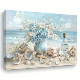1 Piece Framed Wooden Canvas Painting, One Piece Blue Vase Floral Canvas Print, Wooden Frame Wall Art, Shell And Ocean Theme, Home And Office Dec (Option: 36x24inch)