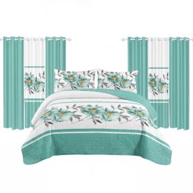 9 Piece Room In A Bag Quilt And Curtain Set, US Designer Teal Floral Botanical Print Heavyweight Bedspread With 6 Customizable Window Panels, Pet-Frie (Option: Twin)