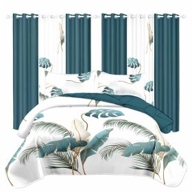9 Piece Tropical Palm Leaf Quilt Set With 6 Independent Curtains, Heavyweight High-GSM Bedspread And Light Filtering Window Drapes Bundle, Teal Botani (Option: QUEEN)