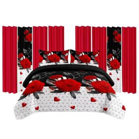 9 Piece Room In A Bag Quilt And Curtain Set, US Designer Romantic Red Rose Print Heavyweight Bedspread With 6 Customizable Window Panels, Pet-Friendly (Option: KING)