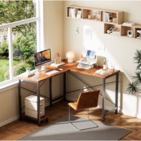 L-shaped Computer Desk With Power Socket And LED Light, Corner Game Table With Storage Rack And Monitor Stand (Option: Brown)