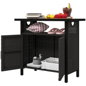 Outdoor Pool Towel Storage Cabinet Organizer, Outdoor Bar Table With Shelf And Cabinet, Pool Towel Holder Pool Valet With Weather-Resistant PE Rattan (Option: Black)