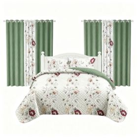 9 Piece Room In A Bag Quilt And Curtain Set, US Designer Sage Green Botanical Floral Print Heavyweight Bedspread With 6 Customizable Window Panels, Pe (Option: QUEEN)