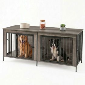 Double Dog Crate Furniture With Divider, Heavy Duty Pet Kennel End Table TV Stand, Extra Large Double Door (Option: Gray  63IN)