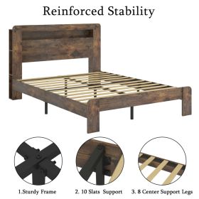 Queen Wood Bed Frame With LED Headboard, 2 USB & Underbed Storage, Dark Brown (Option: Platform Bed)
