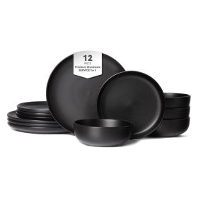 12-Piece Stoneware Dinner Plates Bowls Sets  Microwave & Dishwasher Safe   Non-Toxic Dinner Plates Bowls Set   Stackable Matte Glaze Kitchenware For 4 (Option: Black)