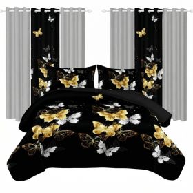 9 Piece Room In A Bag Quilt And Curtain Set, US Designer Black And Gold Butterfly Print Heavyweight Bedspread With 6 Customizable Window Panels, Pet-F (Option: KING)