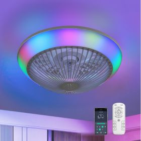 15 Inch RGB Dimmable LED Enclosed Ceiling Fan With Light, Modern Bladeless 6-speed Remote Control Suitable For Bedrooms, Children's Rooms, Parties (Option: White)