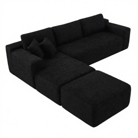 106.5" Modern Minimalist Modular Sectional Couch with Ottoman, Comfort L Shaped Sofa for Living Room, No Assembly Required (Orientation: 3-seater Left Hand Facing, Color: Black-with Ottoman)