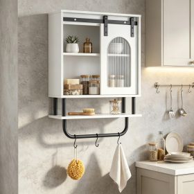 Bathroom Wall Cabinet Sliding Barn Door Metal Hanging Bar 3 Hooks Storage Organizer for Bath Decorative Shelves (Color: White + Black)
