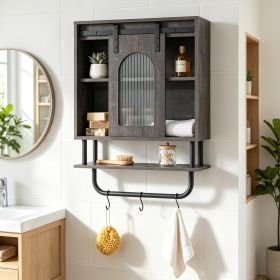 Bathroom Wall Cabinet Sliding Barn Door Metal Hanging Bar 3 Hooks Storage Organizer for Bath Decorative Shelves (Color: Black)