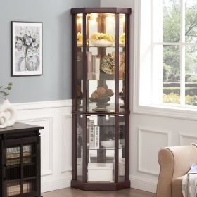 Corner Lighted Curio Cabinet Corner Glass Cabinet Lighted Curio Cabinet Corner Display Case for Living Room, Curio Cabinet, Antique collection, Wine (Color: Cherry, Material: MDF+glass)