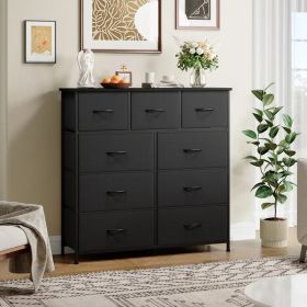 9 Drawer Dresser with Metal Frame and Wooden Top Fabric Storage Organizer Tower for Bedroom Living Room Entryway Office Closet Classic Freestandi (Color: Black)