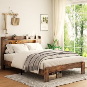 Full Wood Bed Frame With LED Headboard, 2 USB & Underbed Storage, Dark Brown (Option: Platform Bed)